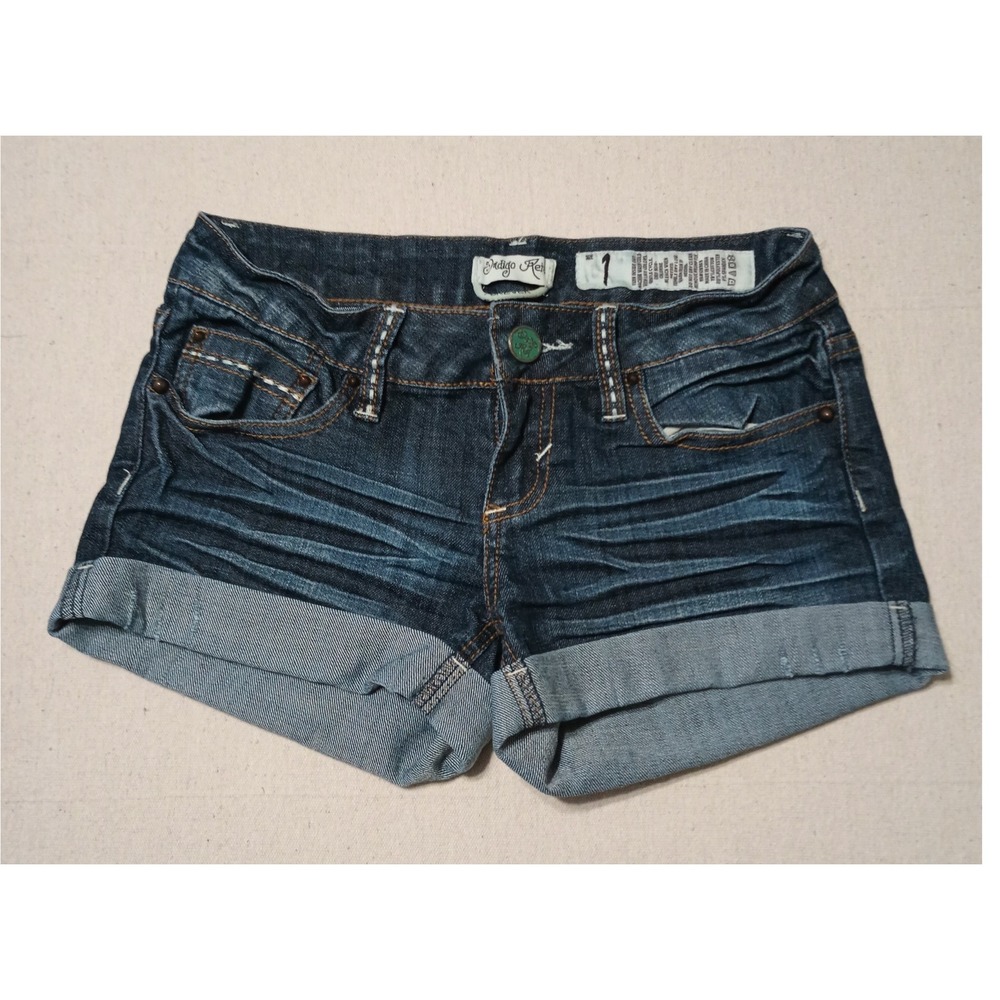 Indigo Rein‎ Denim Short Shorts Cuffed Dark Wash Pockets Casual Cute Size 1 W